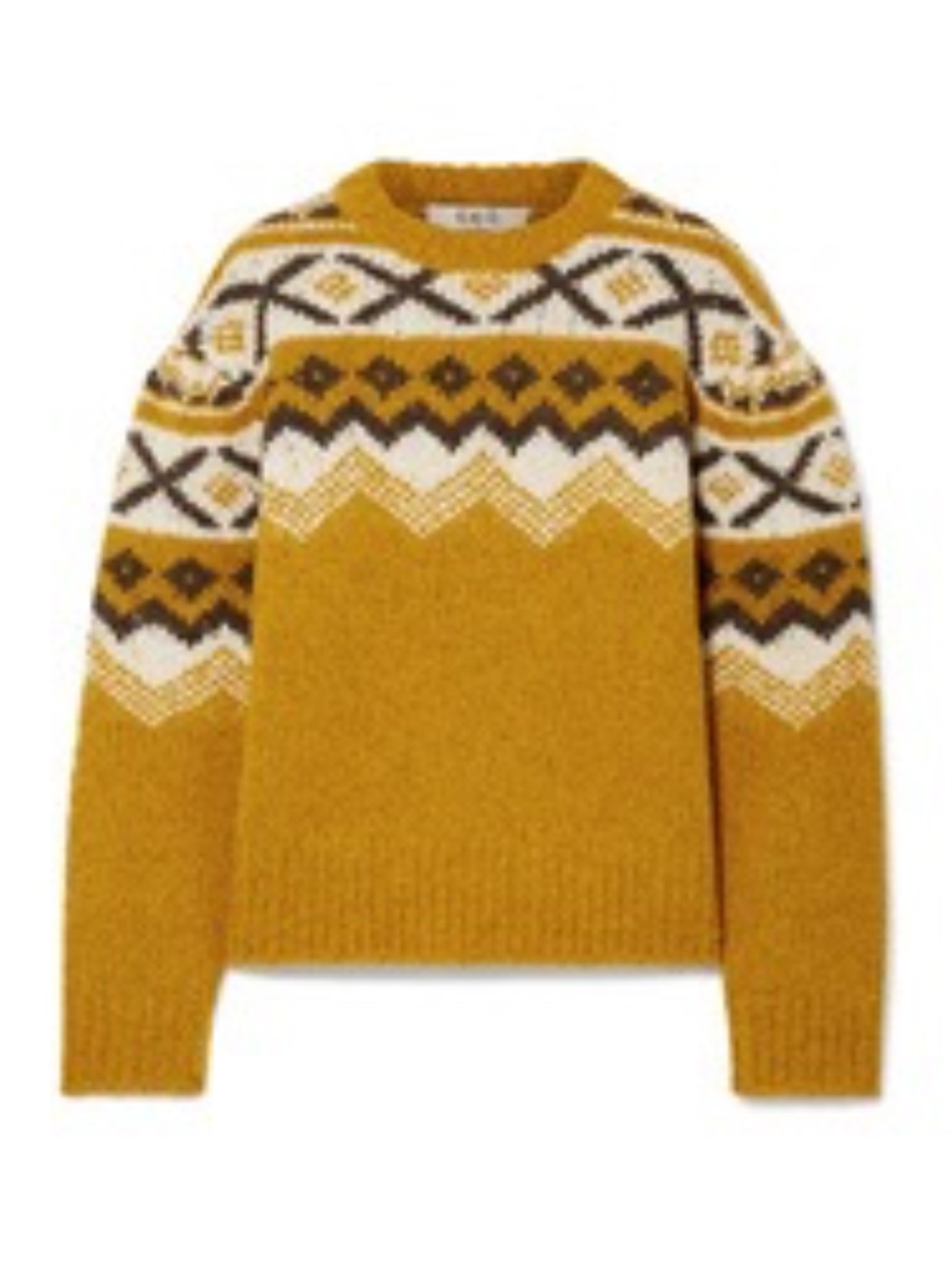 Sea New York Fair Isle Shirred Sleeve Sweater Wool Blend, Mustard / Gray, Small